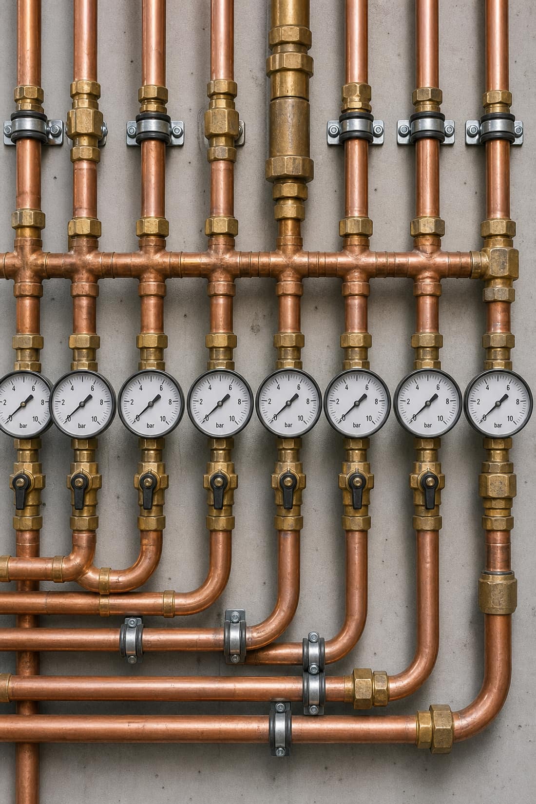 Parete tecnica con tubazioni in rame e manometri — officina Mecotermoidraulica